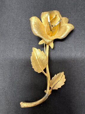 Vintage Gold-Tone Rose Brooch By BSK With Textured Petals & Leaves 4.5 Inches Lo